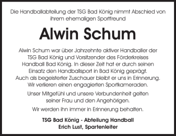 Traueranzeige von Alwin Schum von Odenwälder Echo