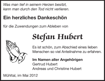 Traueranzeige von Stefan Hubert  von Darmstädter Echo, Odenwälder Echo, Rüsselsheimer Echo, Groß-Gerauer-Echo, Ried Echo