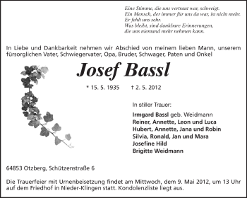Traueranzeige von Josef Bassl von Echo-Zeitungen (Gesamtausgabe)