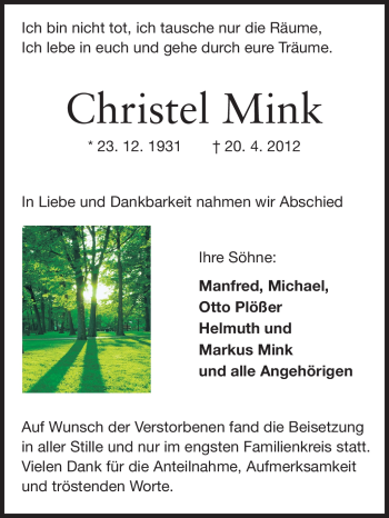 Traueranzeige von Christel Mink von Odenwälder Echo