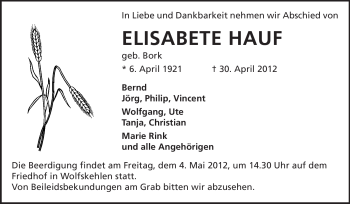 Traueranzeige von Elisabete Hauf von Rüsselsheimer Echo, Groß-Gerauer-Echo, Ried Echo