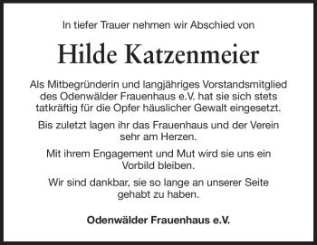 Traueranzeige von Hilde Katzenmeier von Odenwälder Echo