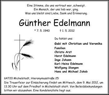 Traueranzeige von Günther Edelmann von Odenwälder Echo