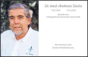 Traueranzeige von Andreas Sachs von Darmstädter Echo, Odenwälder Echo, Rüsselsheimer Echo, Groß-Gerauer-Echo, Ried Echo
