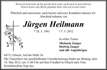 Traueranzeige von Jürgen Heilmann von Odenwälder Echo