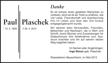 Traueranzeige von Paul Plaschek von Rüsselsheimer Echo, Groß-Gerauer-Echo, Ried Echo