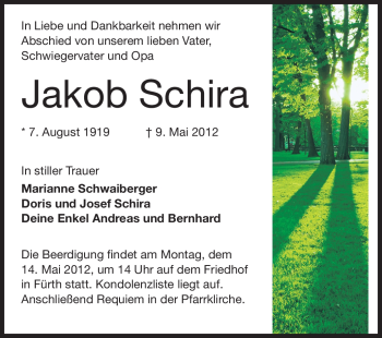 Traueranzeige von Jakob Schira von Starkenburger Echo
