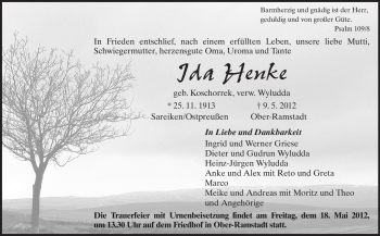 Traueranzeige von Ida Henke von Echo-Zeitungen (Gesamtausgabe)