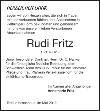 Traueranzeige von Rudi Fritz von Rüsselsheimer Echo, Groß-Gerauer-Echo, Ried Echo