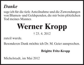 Traueranzeige von Werner Kropp von Odenwälder Echo