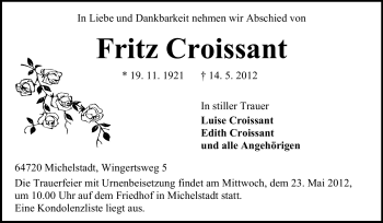 Traueranzeige von Fritz Croissant von Odenwälder Echo