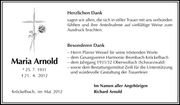 Traueranzeige von Maria Arnold von Starkenburger Echo