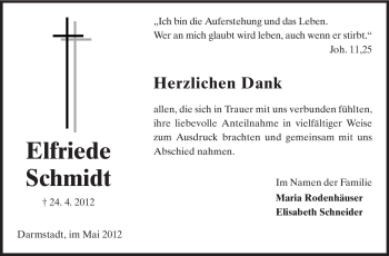 Traueranzeige von Elfriede Schmidt von Darmstädter Echo, Odenwälder Echo, Rüsselsheimer Echo, Groß-Gerauer-Echo, Ried Echo