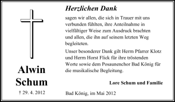 Traueranzeige von Alwin Schum von Odenwälder Echo