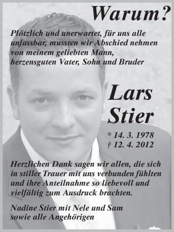 Traueranzeige von Lars Stier von Odenwälder Echo