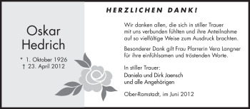 Traueranzeige von Oskar Hedrich von Darmstädter Echo, Odenwälder Echo, Rüsselsheimer Echo, Groß-Gerauer-Echo, Ried Echo