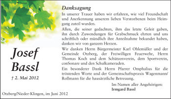 Traueranzeige von Josef Bassl von Echo-Zeitungen (Gesamtausgabe)