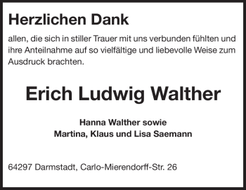 Traueranzeige von Erich Ludwig Walther von Echo-Zeitungen (Gesamtausgabe)