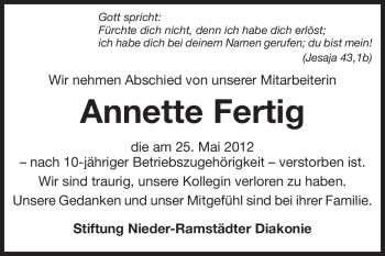 Traueranzeige von Annette Fertig von Odenwälder Echo