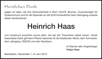 Traueranzeige von Heinrich Haas von Odenwälder Echo