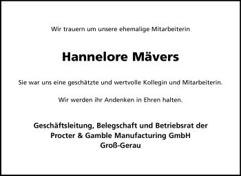 Traueranzeige von Hannelore Mävers von Rüsselsheimer Echo, Groß-Gerauer-Echo, Ried Echo