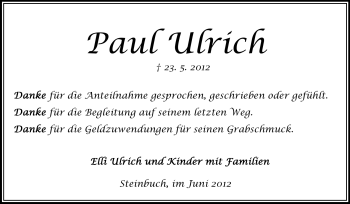 Traueranzeige von Paul Ulrich von Echo-Zeitungen (Gesamtausgabe)