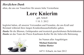 Traueranzeige von Lore Knierim von Odenwälder Echo