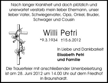 Traueranzeige von Willi Petri von Echo-Zeitungen (Gesamtausgabe)