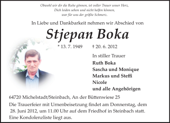 Traueranzeige von Stjepan Boka von Odenwälder Echo