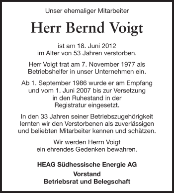 Traueranzeige von Bernd Voigt von Echo-Zeitungen (Gesamtausgabe)