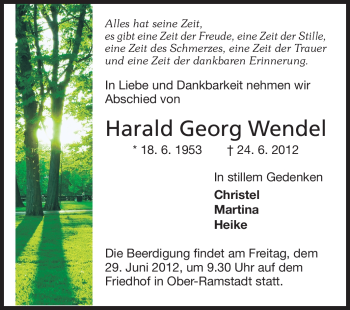 Traueranzeige von Harald Georg Wendel von Darmstädter Echo, Odenwälder Echo, Rüsselsheimer Echo, Groß-Gerauer-Echo, Ried Echo