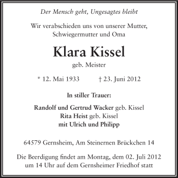 Traueranzeige von Klara Kissel von Rüsselsheimer Echo, Groß-Gerauer-Echo, Ried Echo