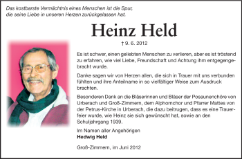 Traueranzeige von Heinz Held von Darmstädter Echo, Odenwälder Echo, Rüsselsheimer Echo, Groß-Gerauer-Echo, Ried Echo