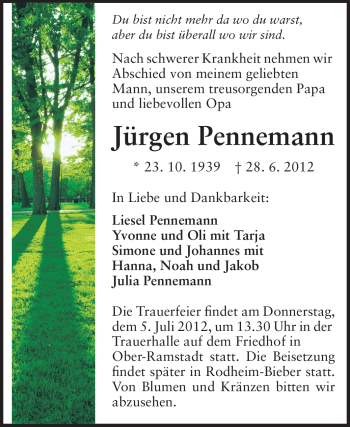 Traueranzeige von Jürgen Pennemann von Echo-Zeitungen (Gesamtausgabe)