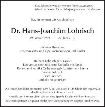 Traueranzeige von Hans-Joachim Lohrisch von Darmstädter Echo, Odenwälder Echo, Rüsselsheimer Echo, Groß-Gerauer-Echo, Ried Echo