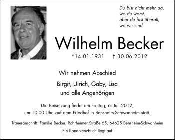 Traueranzeige von Wilhelm Becker von Starkenburger Echo, Bergsträßer Anzeiger