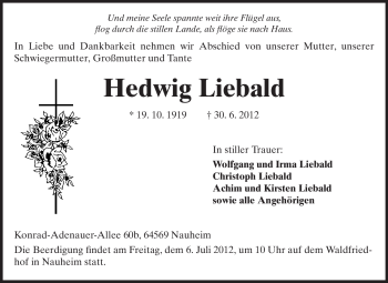 Traueranzeige von Hedwig Liebald von Rüsselsheimer Echo, Groß-Gerauer-Echo, Ried Echo