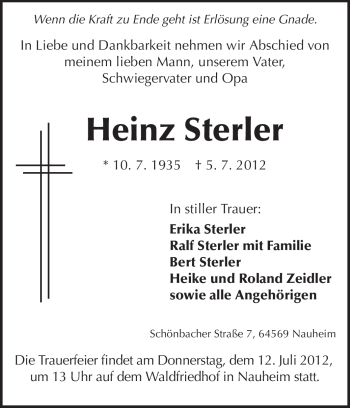 Traueranzeige von Heinz Sterler von Rüsselsheimer Echo, Groß-Gerauer-Echo, Ried Echo