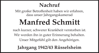 Traueranzeige von Manfred Schmitt von Rüsselsheimer Echo, Groß-Gerauer-Echo, Ried Echo