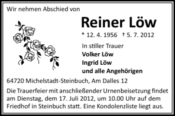 Traueranzeige von Reiner Löw von Odenwälder Echo
