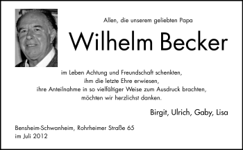 Traueranzeige von Wilhelm Becker von Starkenburger Echo, Bergsträßer Anzeiger