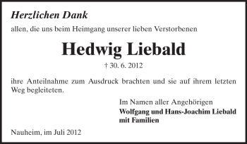 Traueranzeige von Hedwig Liebald von Rüsselsheimer Echo, Groß-Gerauer-Echo, Ried Echo