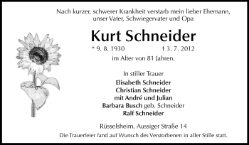 Traueranzeige von Kurt Schneider von Rüsselsheimer Echo, Groß-Gerauer-Echo, Ried Echo