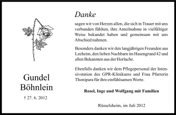 Traueranzeige von Gundel Böhnlein von Rüsselsheimer Echo, Groß-Gerauer-Echo, Ried Echo
