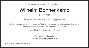 Traueranzeige von Wilhelm Bohnenkamp von Echo-Zeitungen (Gesamtausgabe)