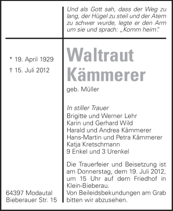 Traueranzeige von Waltraut Kämmerer von Echo-Zeitungen (Gesamtausgabe)