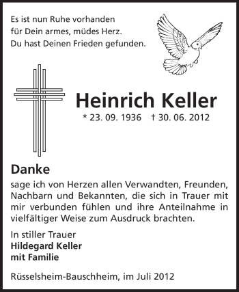 Traueranzeige von Heinrich Keller von Rüsselsheimer Echo, Groß-Gerauer-Echo, Ried Echo
