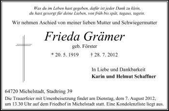 Traueranzeige von Frieda Grämer von Odenwälder Echo