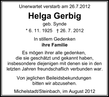 Traueranzeige von Helga Gerbig von Odenwälder Echo