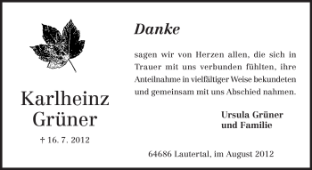 Traueranzeige von Karlheinz Grüner von Echo-Zeitungen (Gesamtausgabe)